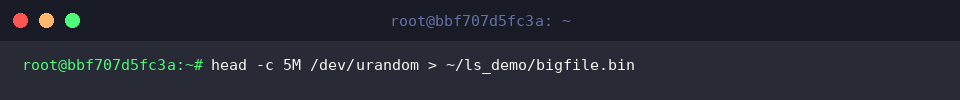head -c 5M /dev/urandom > ~/ls_demo/bigfile.bin