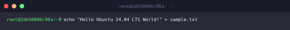 echo “Hello Ubuntu 24.04 LTS World!” > sample.txt