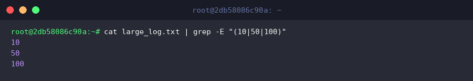 cat large_log.txt | grep -E “(10|50|100)”