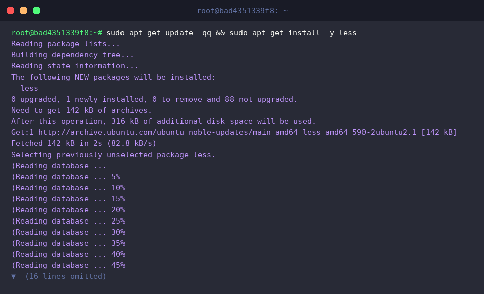 sudo apt-get update -qq && sudo apt-get install -y less