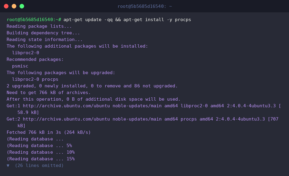 apt-get update -qq && apt-get install -y procps